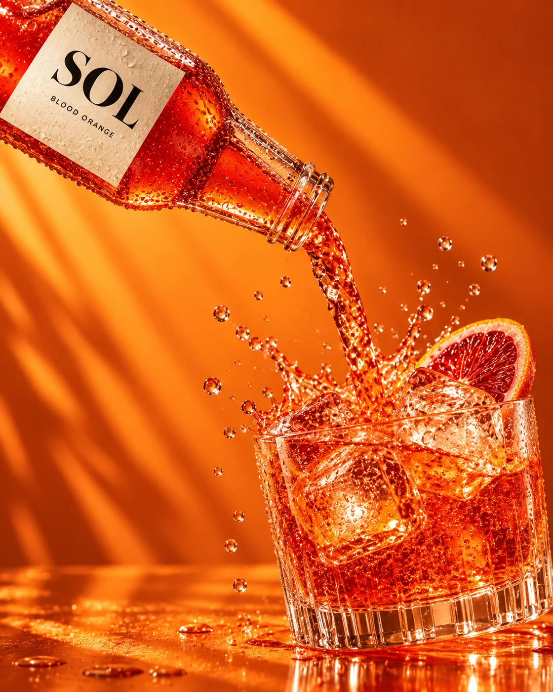 A Sol campaign variation showing orange soda pouring from the same bottle over ice in a glass.