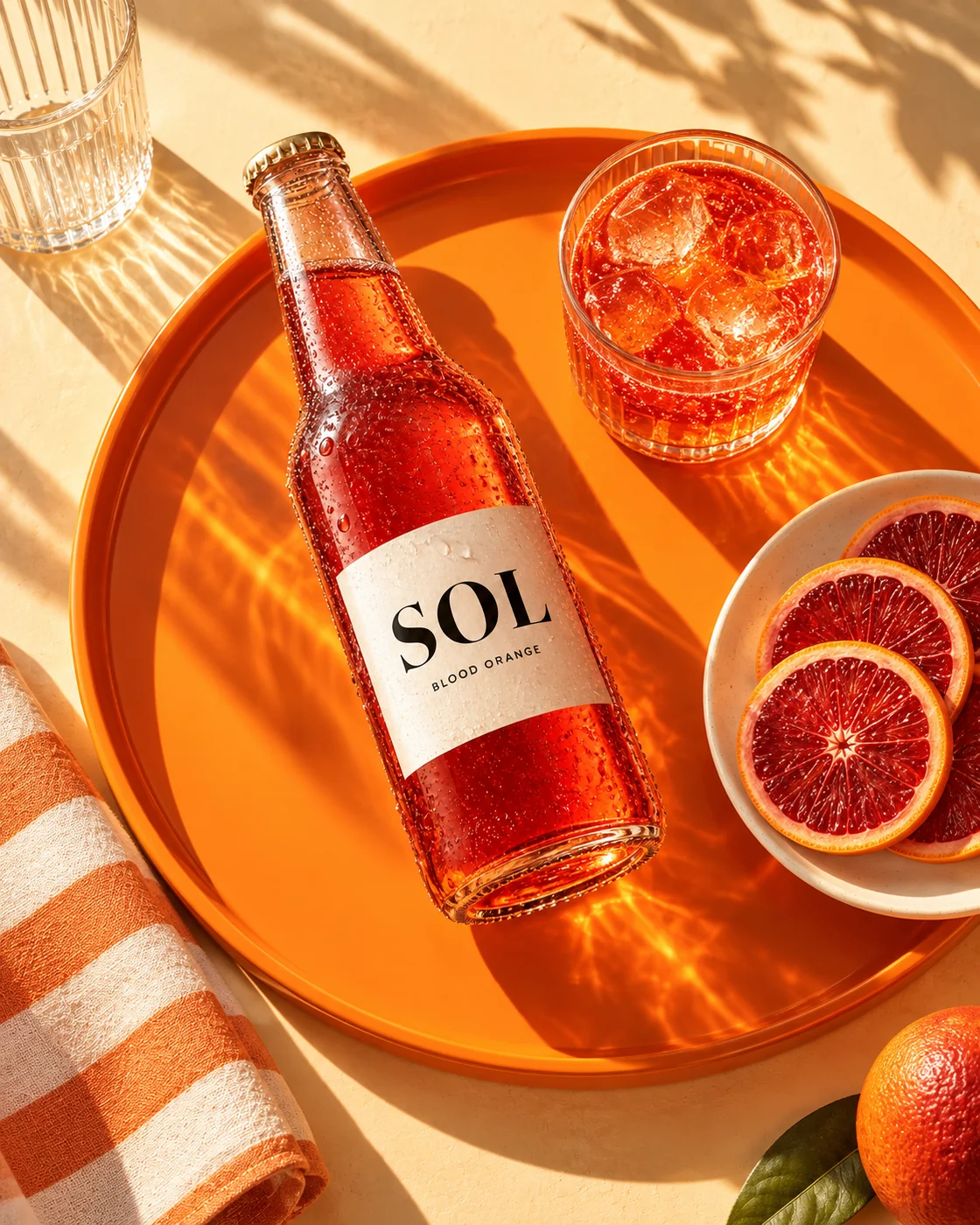An overhead Sol campaign variation with the same bottle, citrus, and glasses arranged on an orange and cream table.