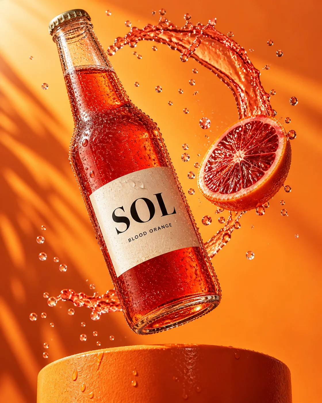 AI-generated citrus drink campaign concept for the illustrative brand Sol, with vivid orange styling.