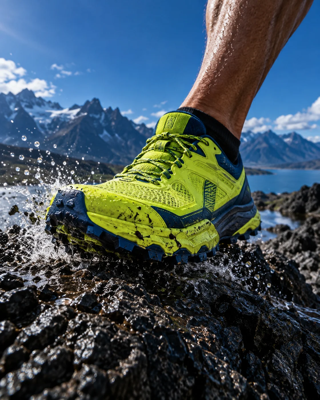 AI-generated outdoor footwear campaign concept for the illustrative brand Roam, with lime and cobalt trail styling.